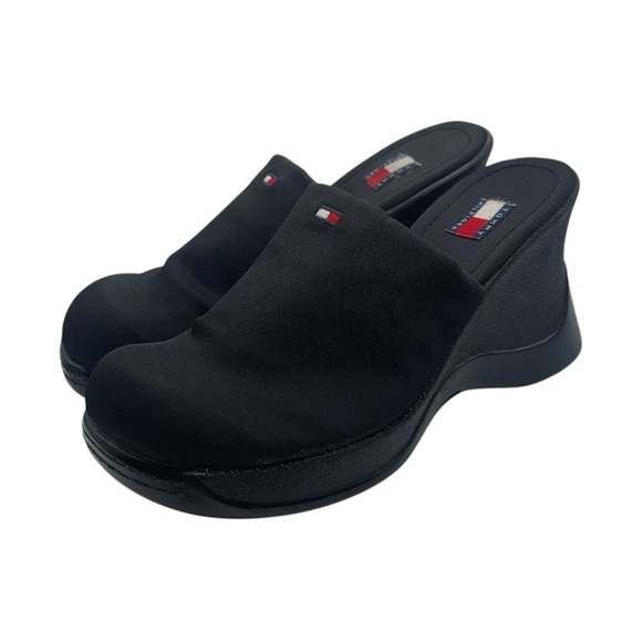 Tommy Hilfiger Women's Black Slip-On‎ Mules Size 9 US Y2K Vintage Chunky Wedges - Picture 2 of 13